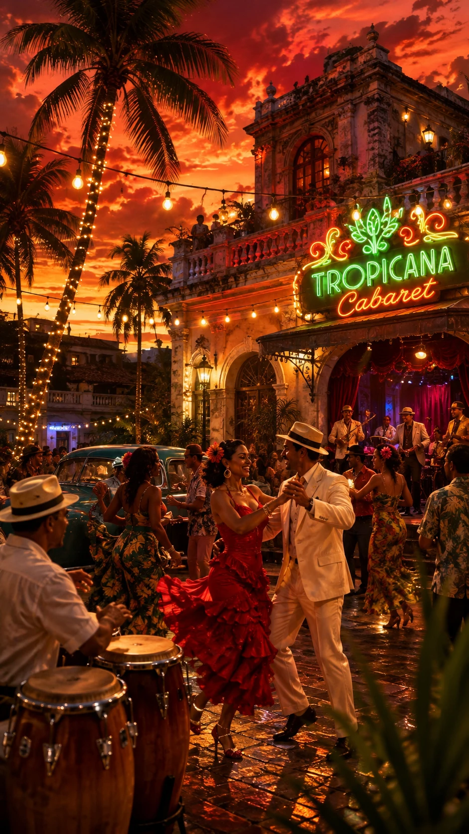 Tropical cabaret dancers under palm trees at sunset