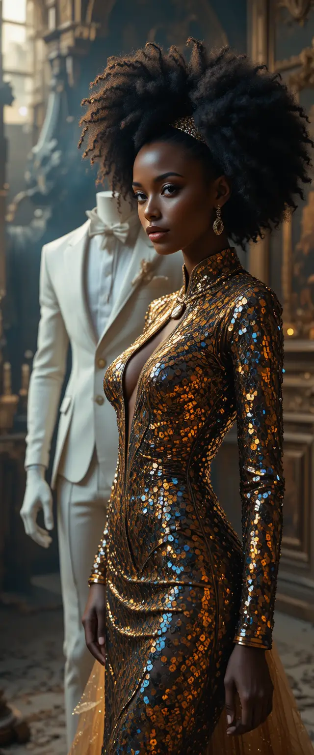 Afro American woman in sequin dress in dreamy Paris scene
