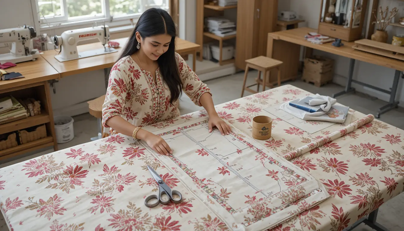 Indian woman tailoring a floral kurti in boutique workshop