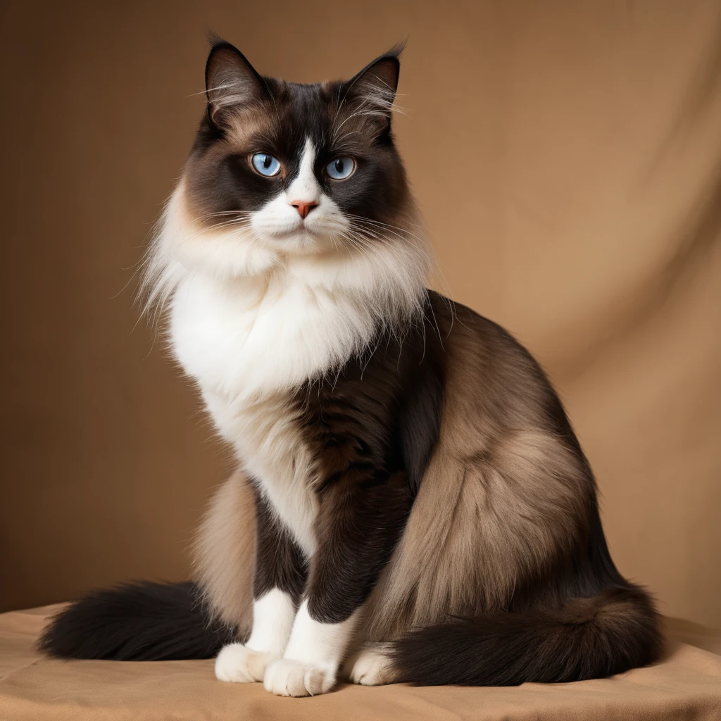 Gato preto elegante com detalhes brancos nos olhos sobre corpo marrom