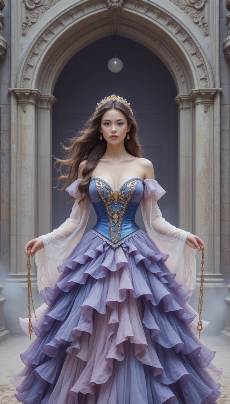 Elegante garota de fantasia diante de um antigo arco de pedra