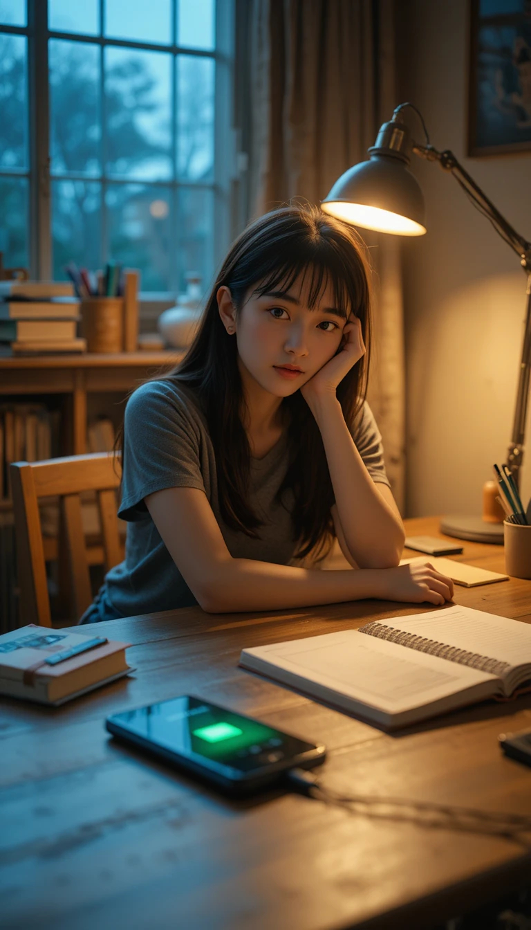 疲憊女孩深夜在書桌前用發光手機讀書