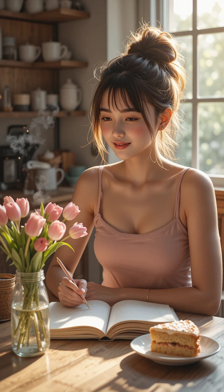 陽光灑落廚房窗邊 與貓一起寫日記的溫馨女子