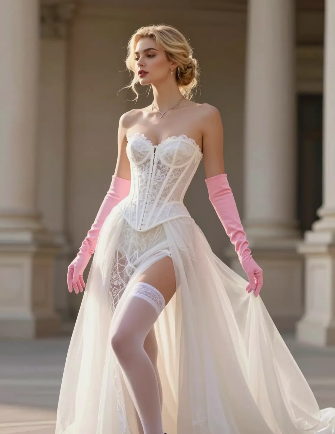Elegant woman in white corset gown with pink gloves