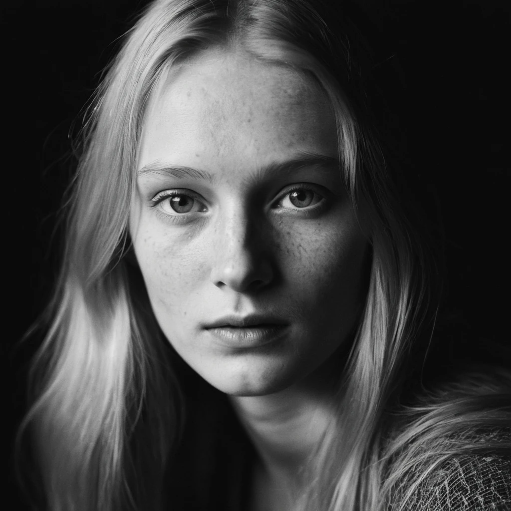 Close up black and white portrait of a young woman