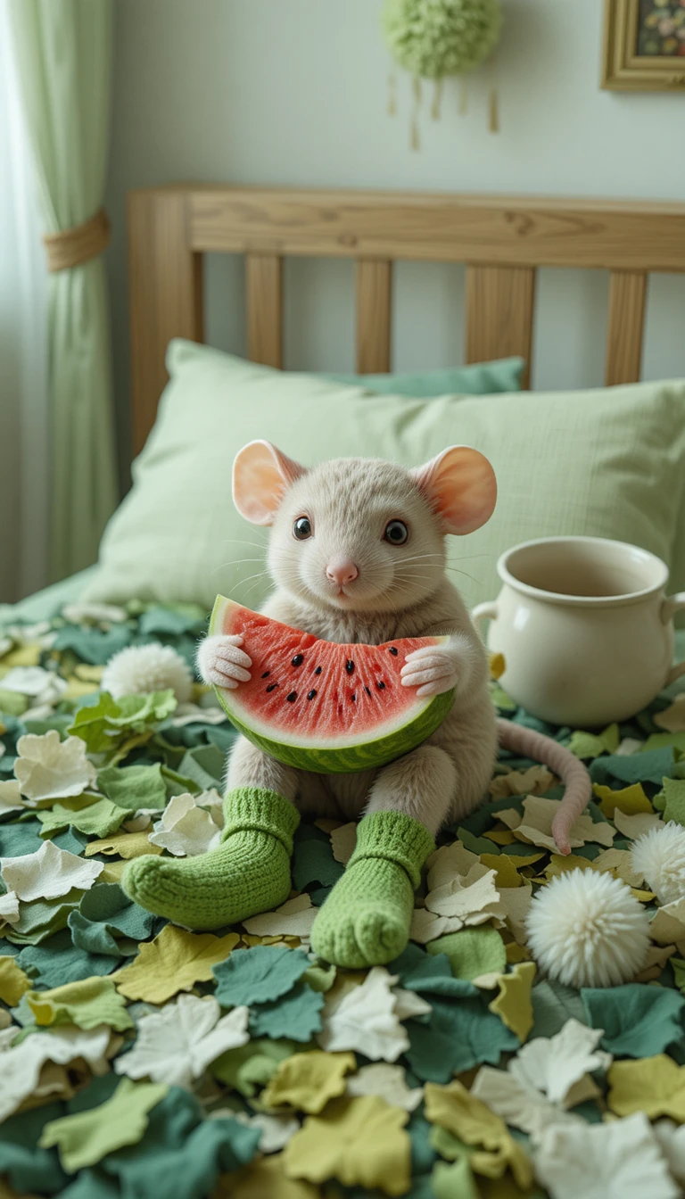 Fofo ratinho chibi em uma cama aconchegante com melancia
