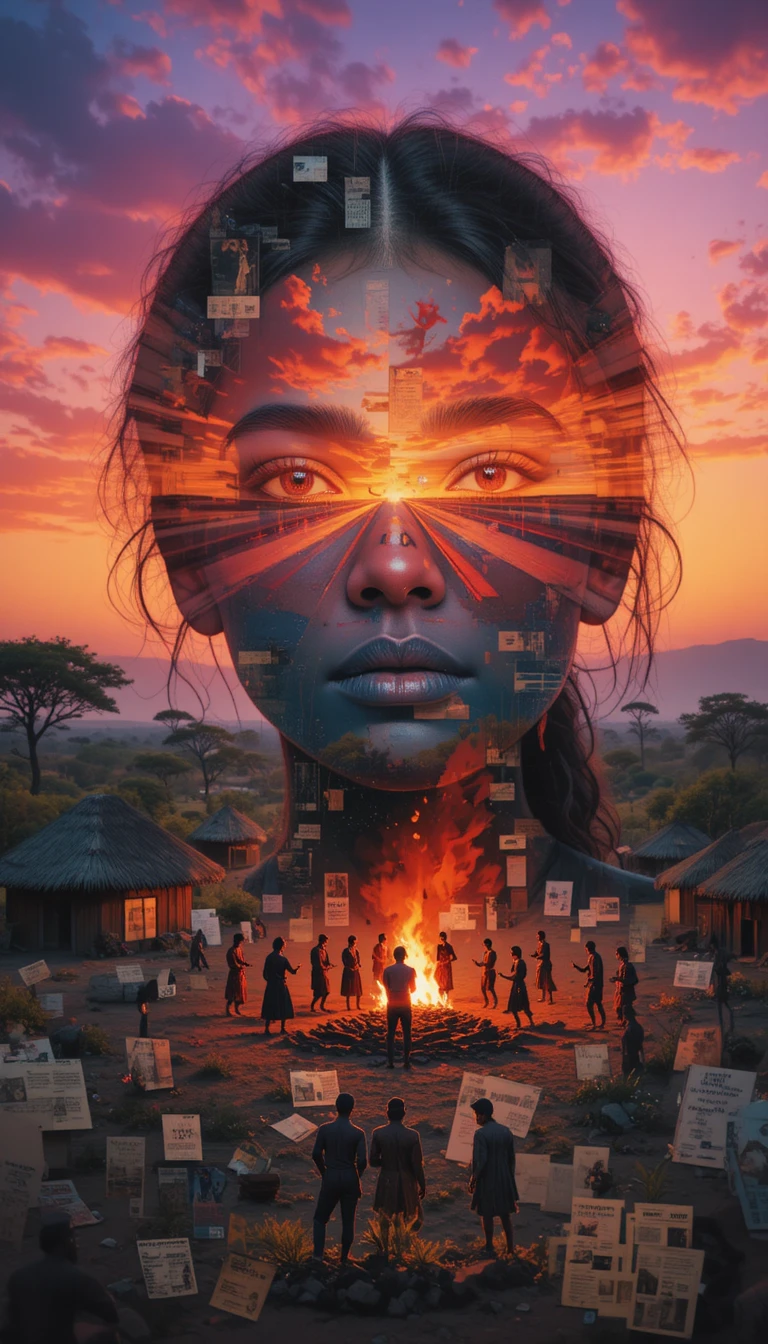 Double exposure portrait of an African girl at sunset