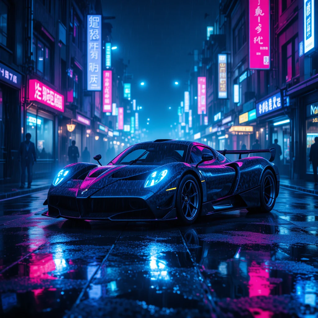 豪雨の夜のネオン都市を走るパガーニ・ウアイラ