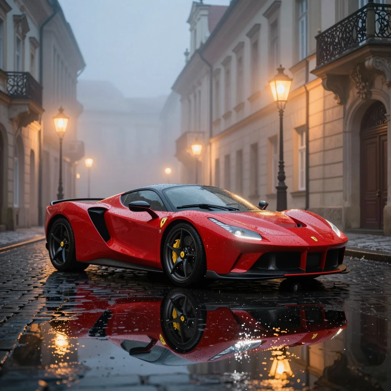 Carro esportivo vermelho em rua de paralelepípedos molhada ao amanhecer