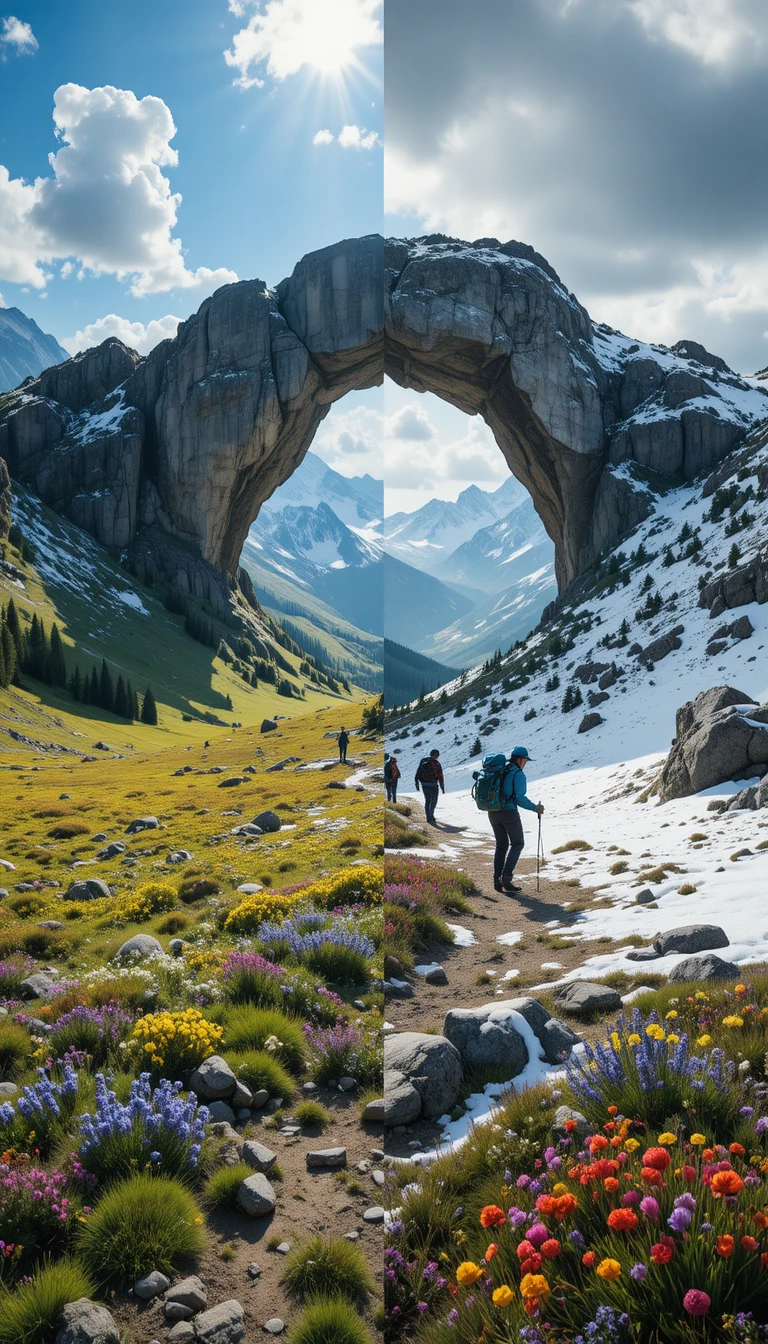 Prato primaverile e montagne invernali in drammatico contrasto
