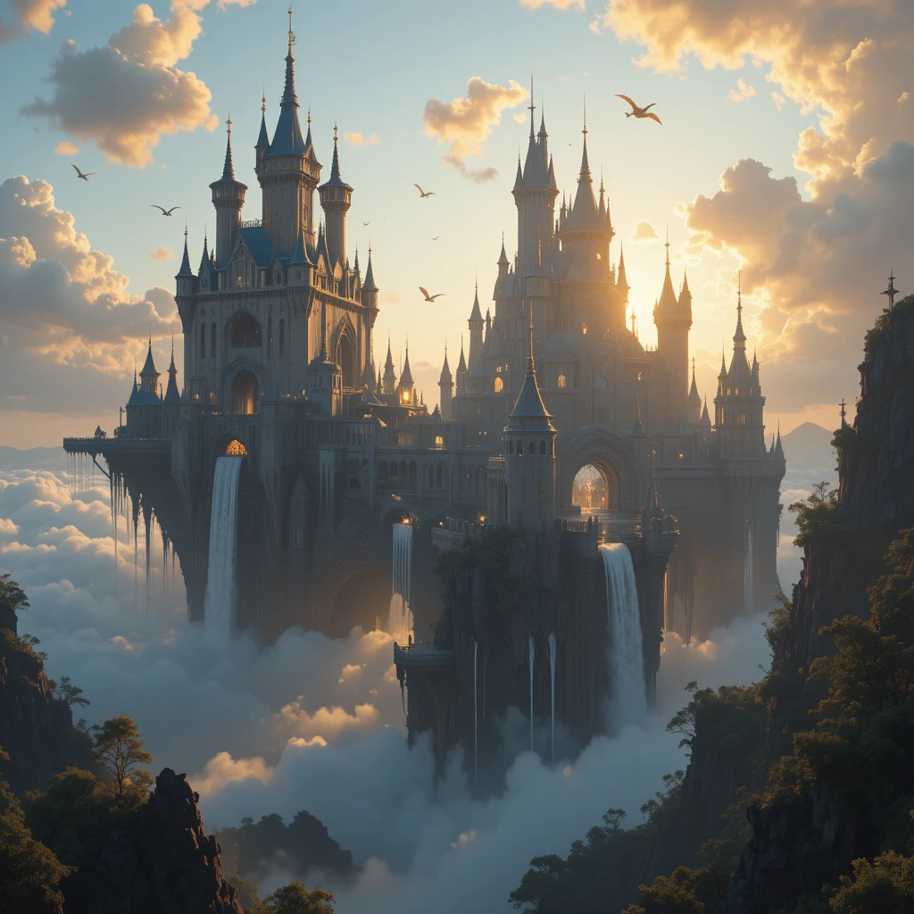 Castelo flutuante colossal de fantasia acima de nuvens brilhantes ao nascer do sol