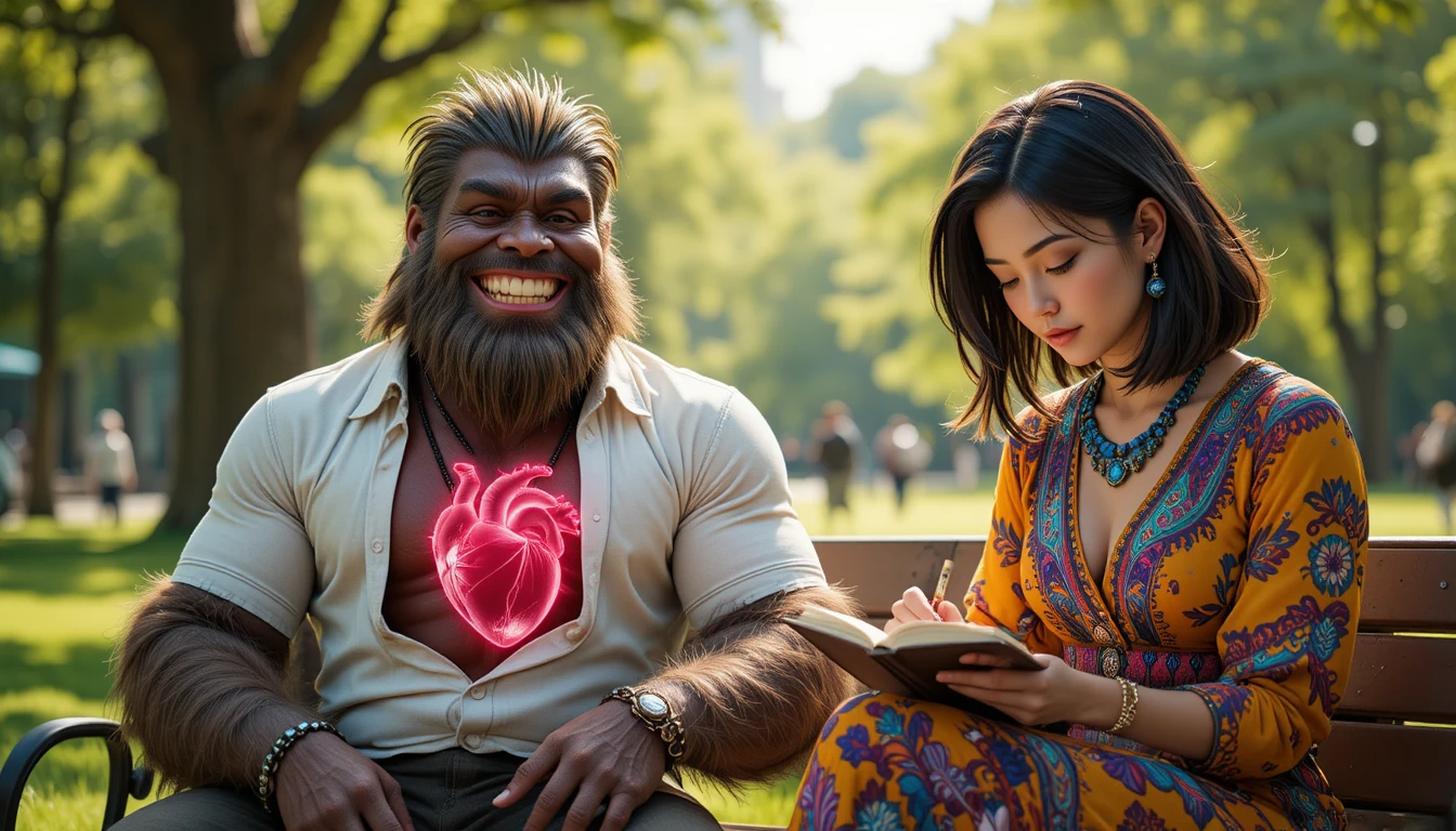 Whimsical forest creature sharing a sunny park bench