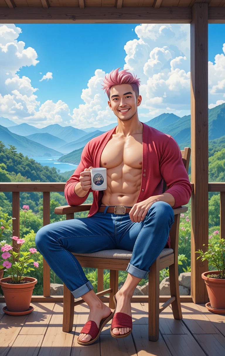 Relaxed man on balcony with mountains and sunlight