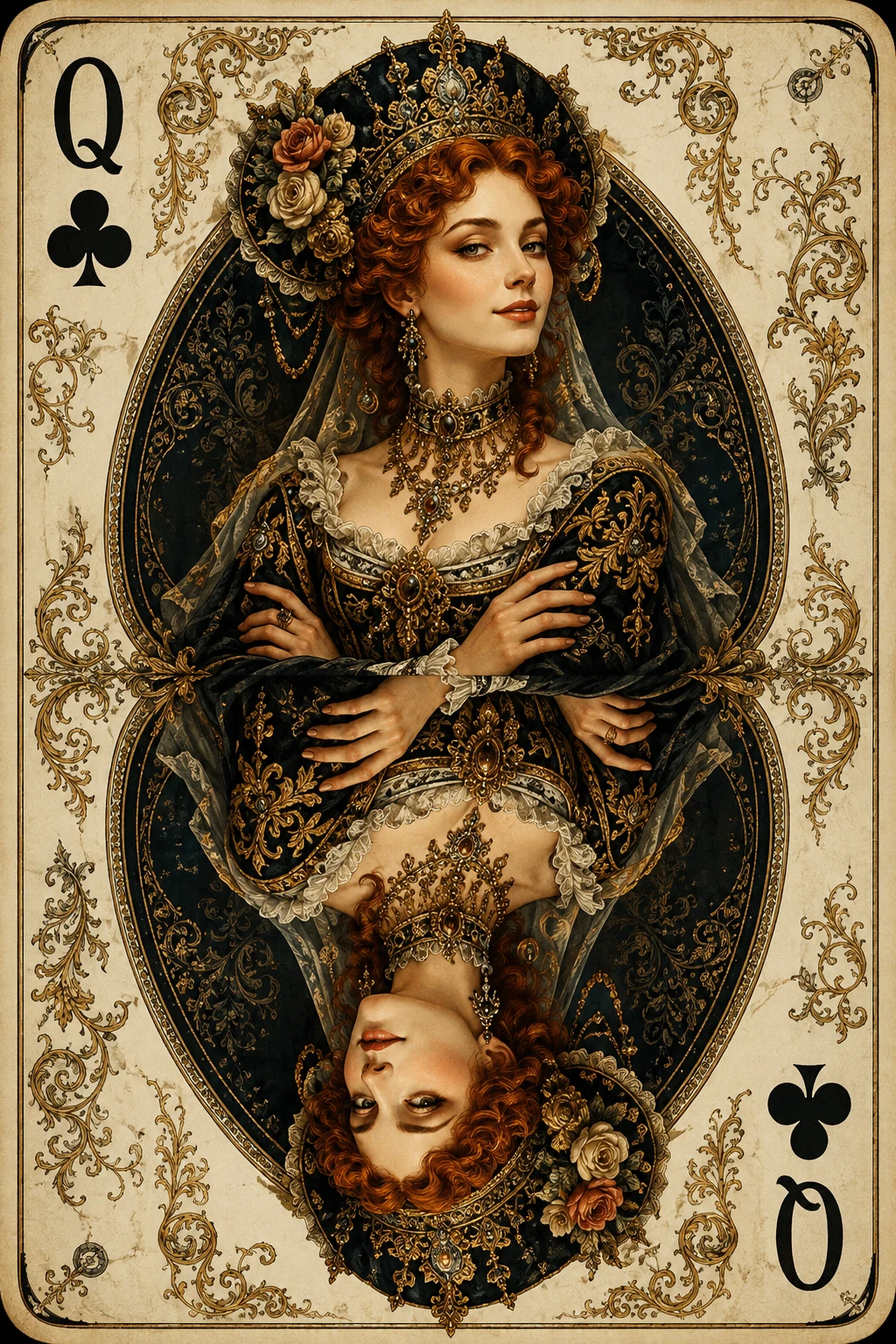 Carta vintage della regina di fiori con ritratto specchiato