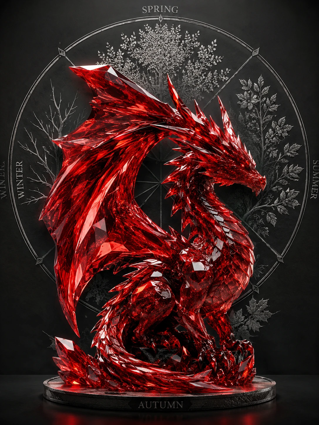 Sculpture de dragon rouge cristallin devant un diagramme des quatre saisons