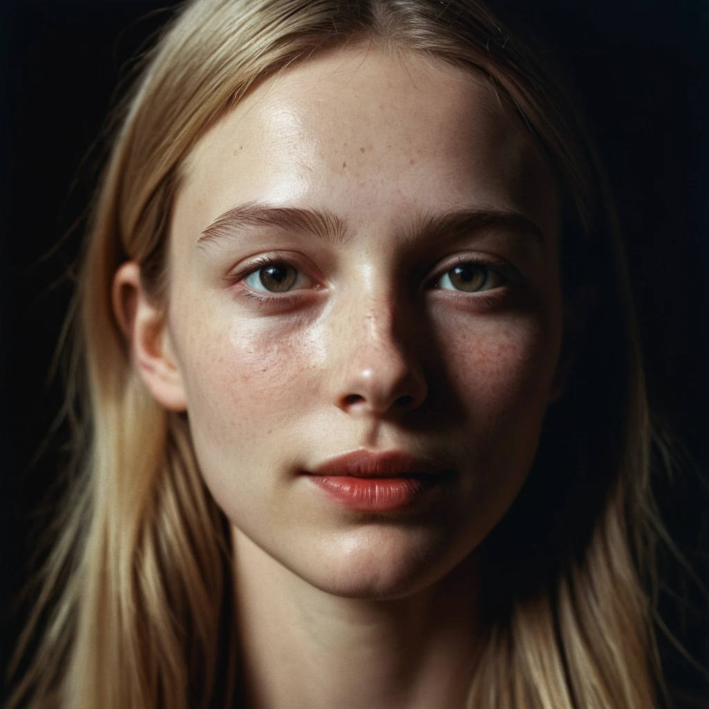 Retrato sombrio de uma mulher pálida com olhos vermelhos brilhantes