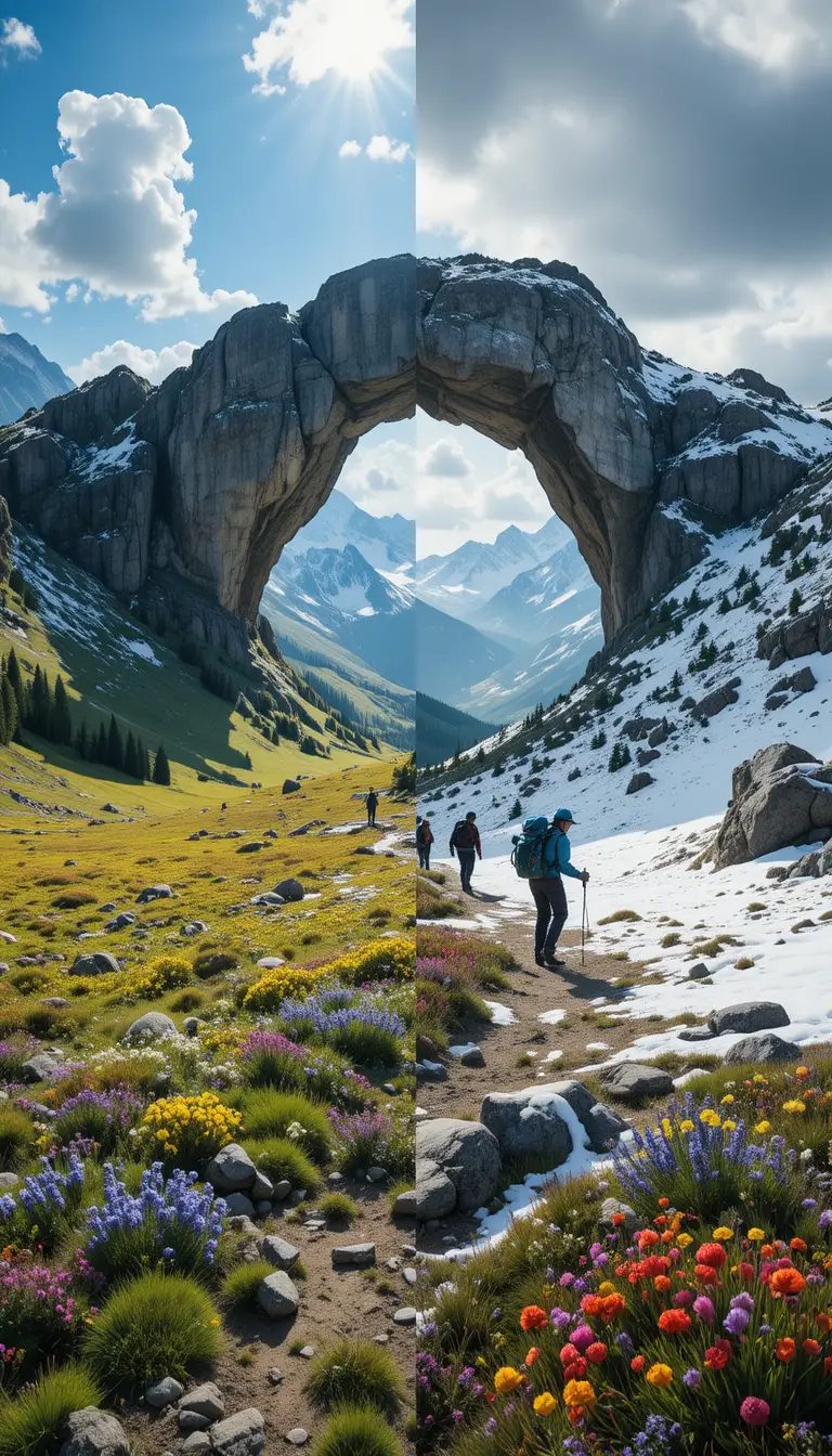 Frühlingswiese und winterliche Berge im dramatischen Kontrast