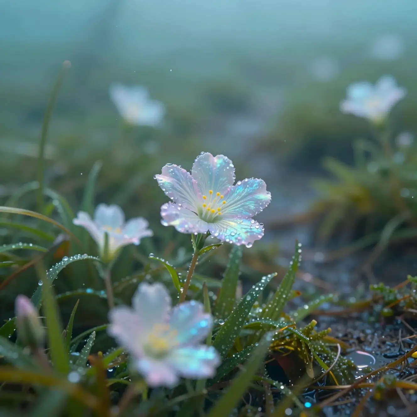 Irisierende Tautropfen-Blume in einer mystischen Wiese