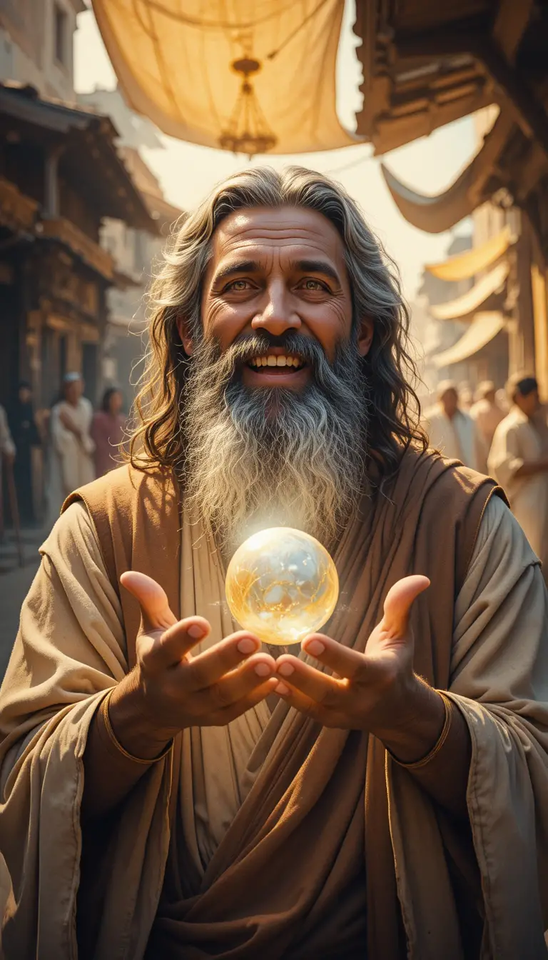 Ancient merchant holding a glowing pearl in golden light