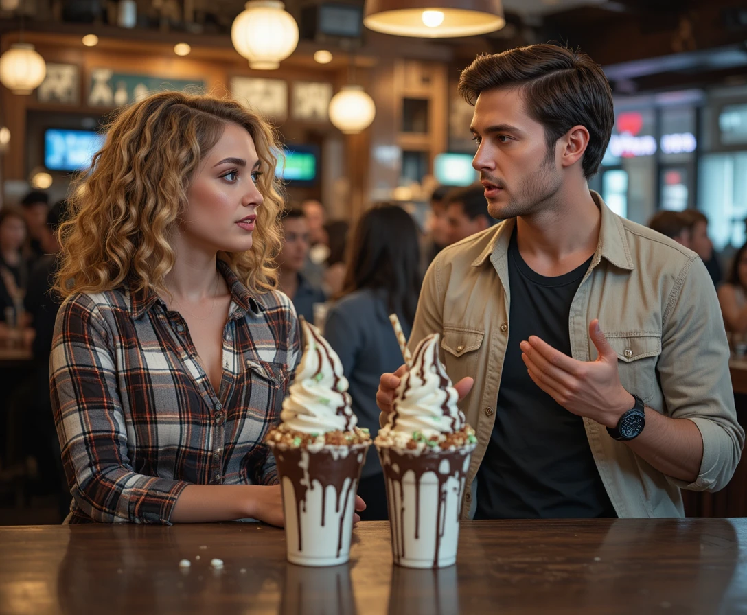 Casal conversando enquanto toma sorvete soft na bar
