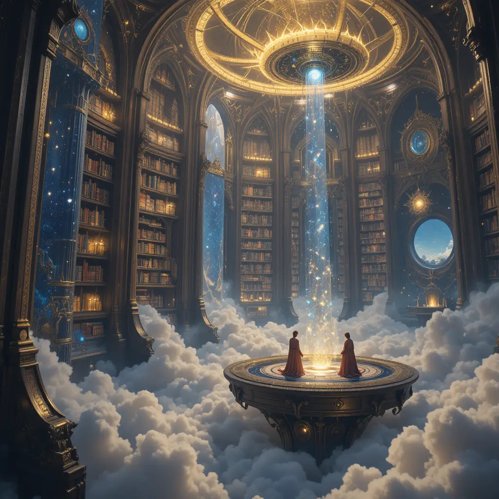 Infinite crystal library floating above glowing celestial clouds