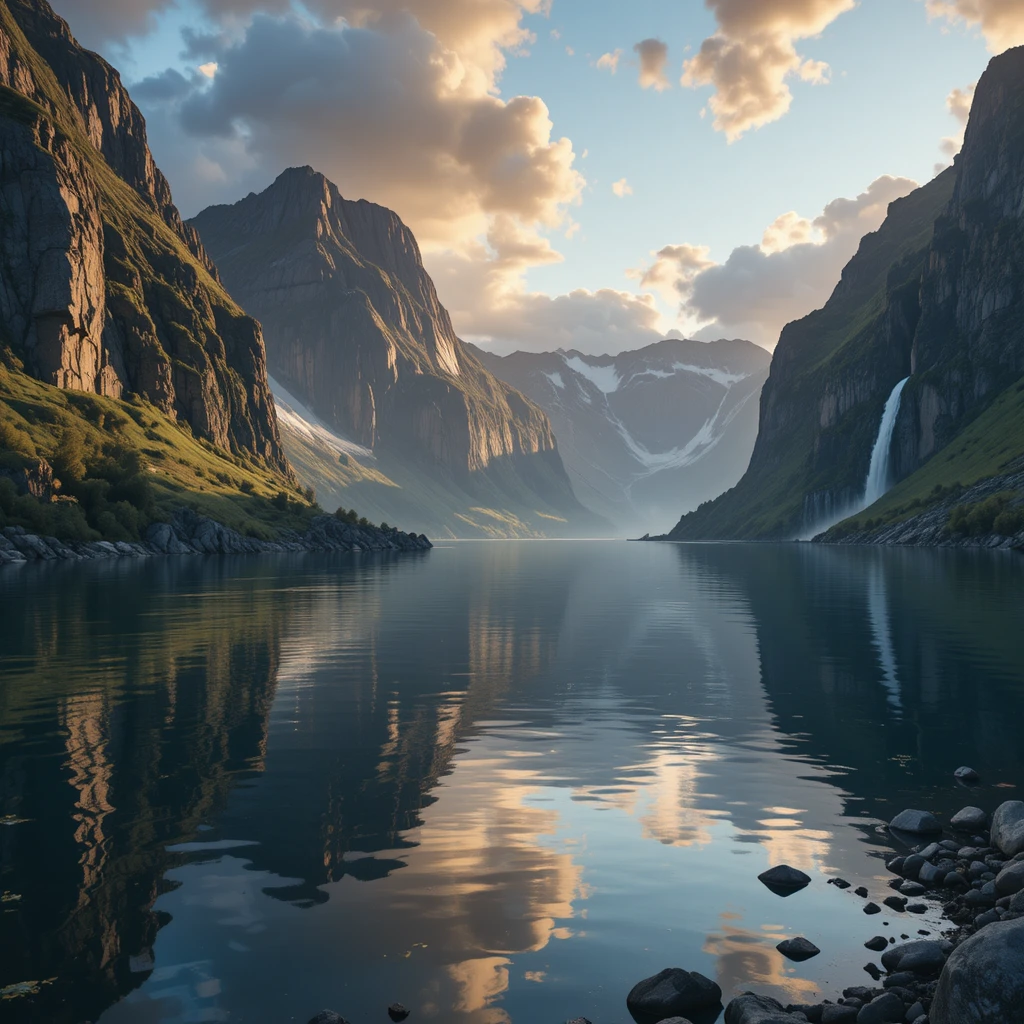 Sunrise over a majestic Norwegian fjord with waterfalls