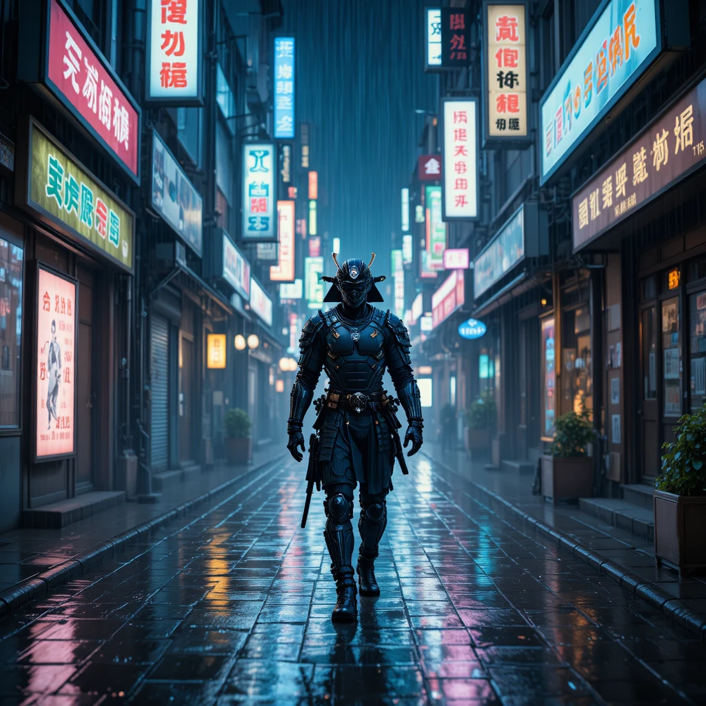 Kybernetischer Samurai, der allein durch eine neonbeleuchtete, regnerische Gasse in Tokio geht