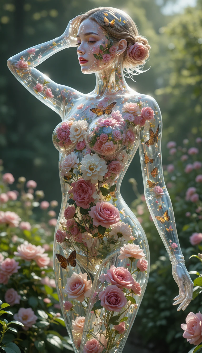 Transparent glass woman filled with roses in a garden