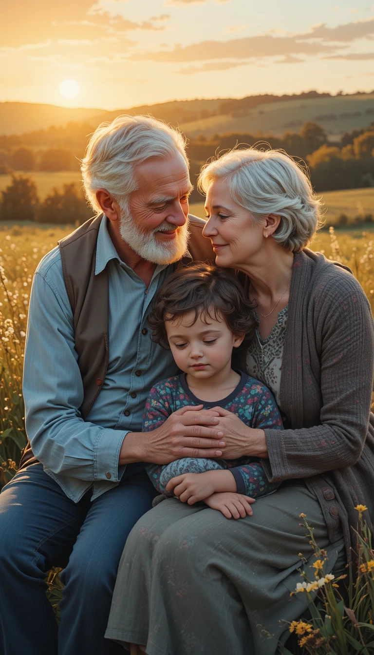 Grandparents With Grandchild Holding Hands At Sunset