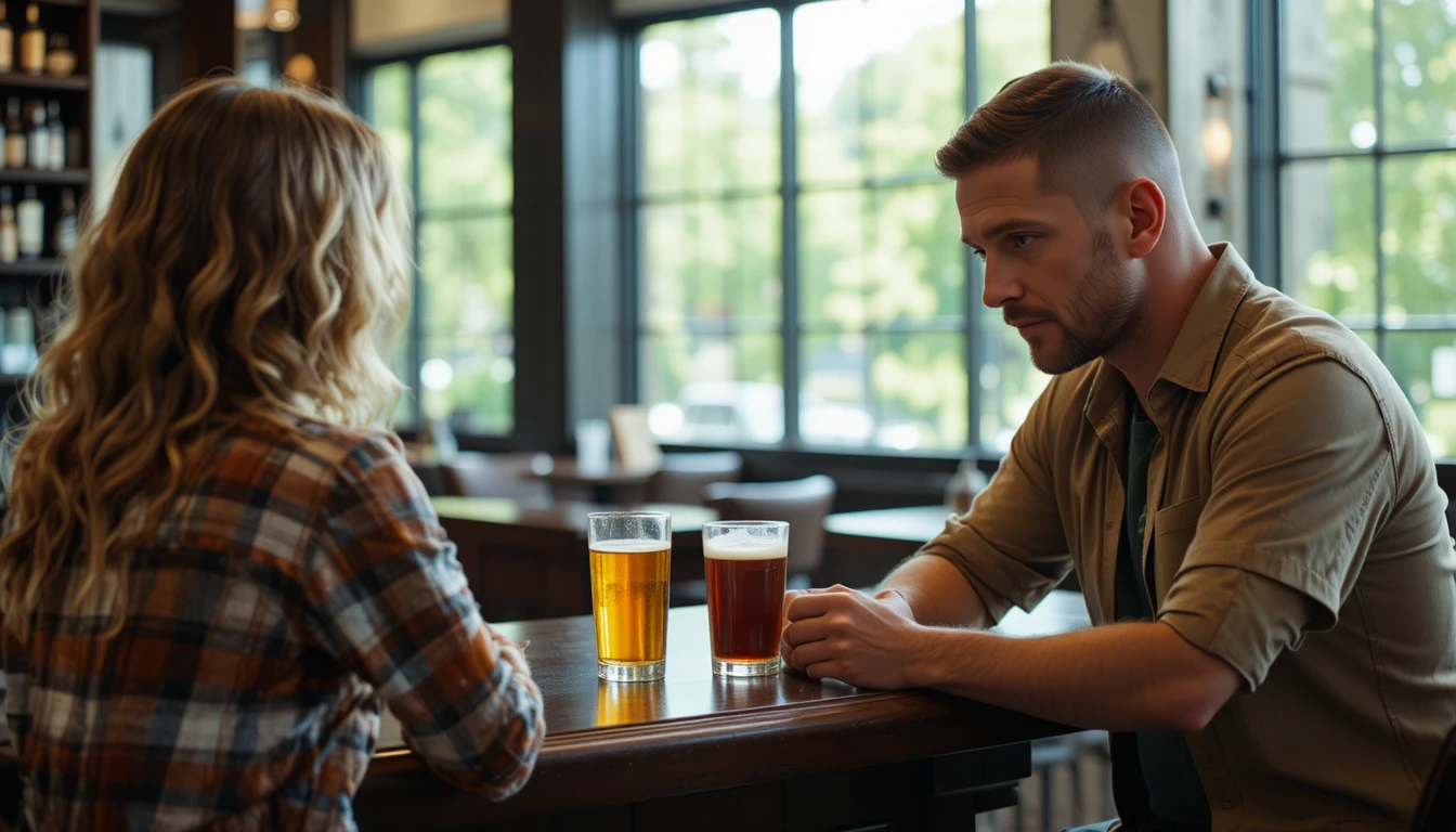 Homme d’âge mûr en conversation sérieuse au comptoir d’un bar en plein jour