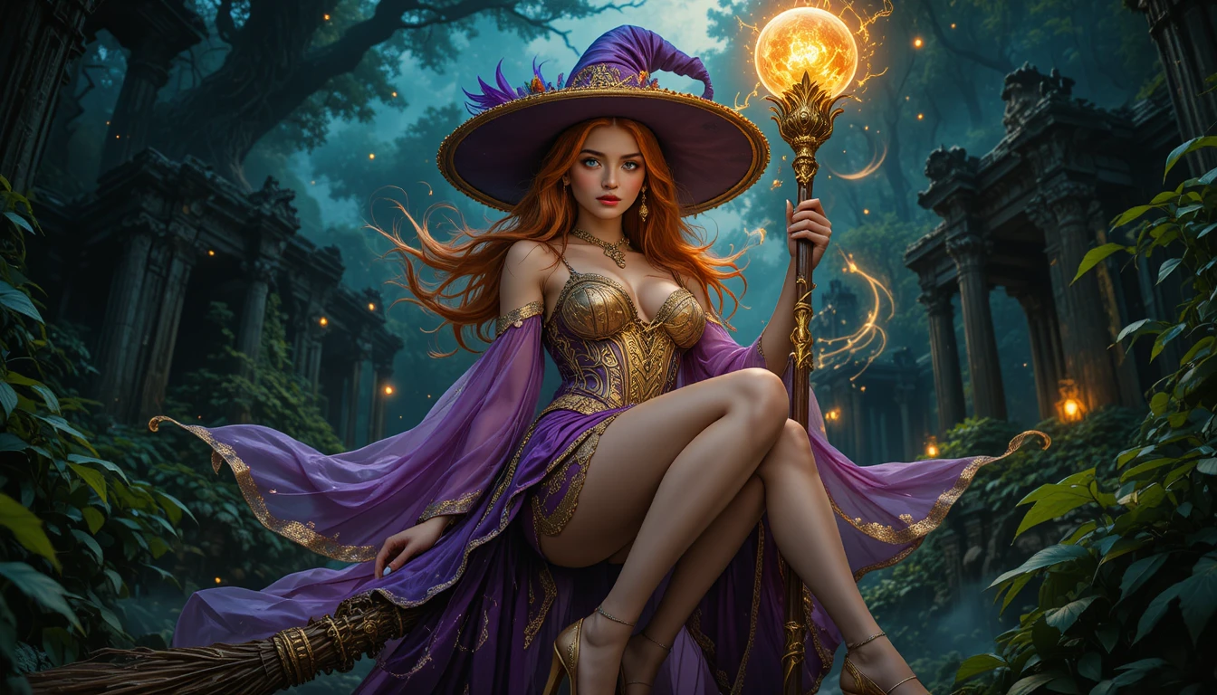 Enchanting witch on a broom in a glowing forest