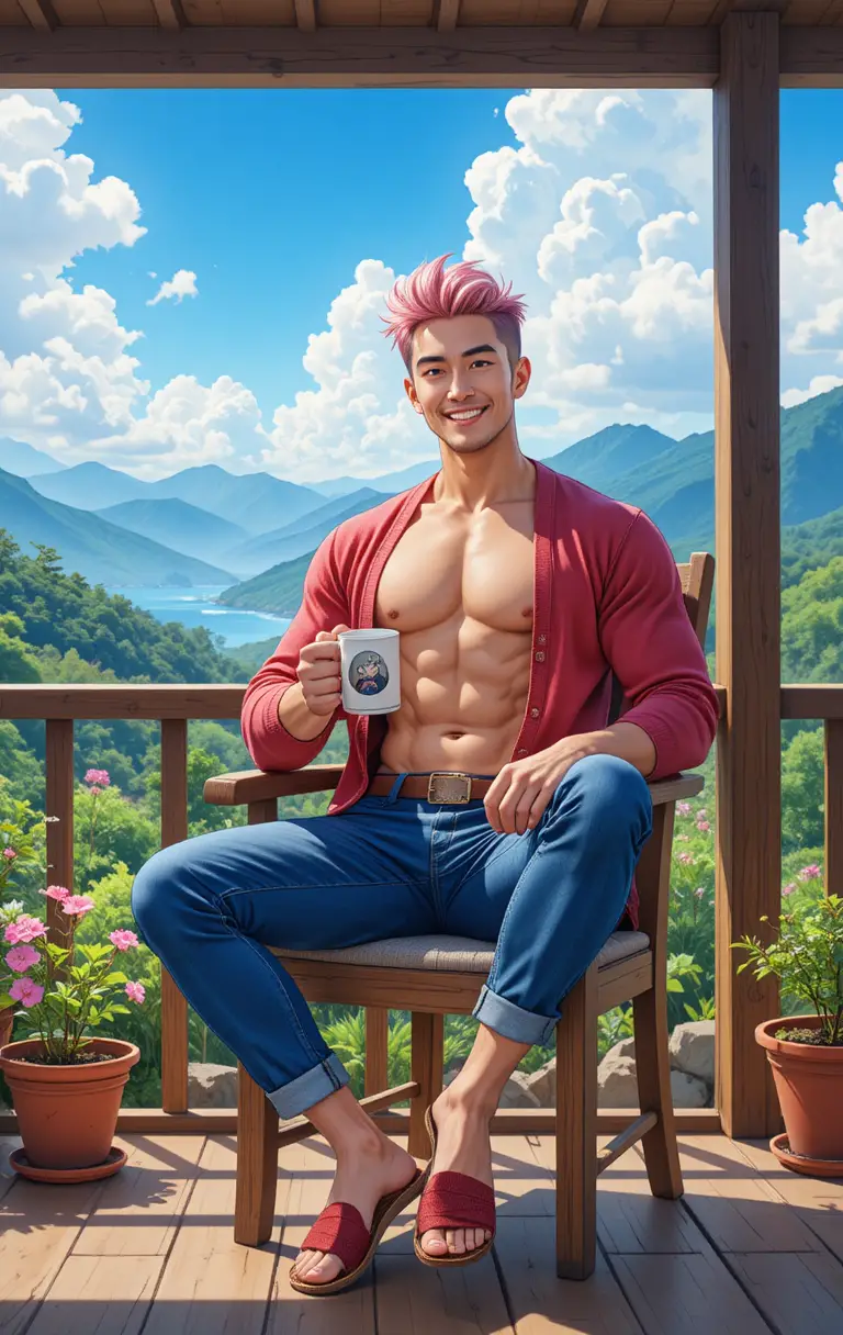 陽光山景陽台上放鬆的男子