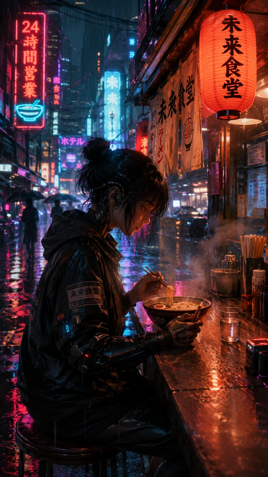 Pausa ramen al neon in una piovosa strada cittadina cyberpunk
