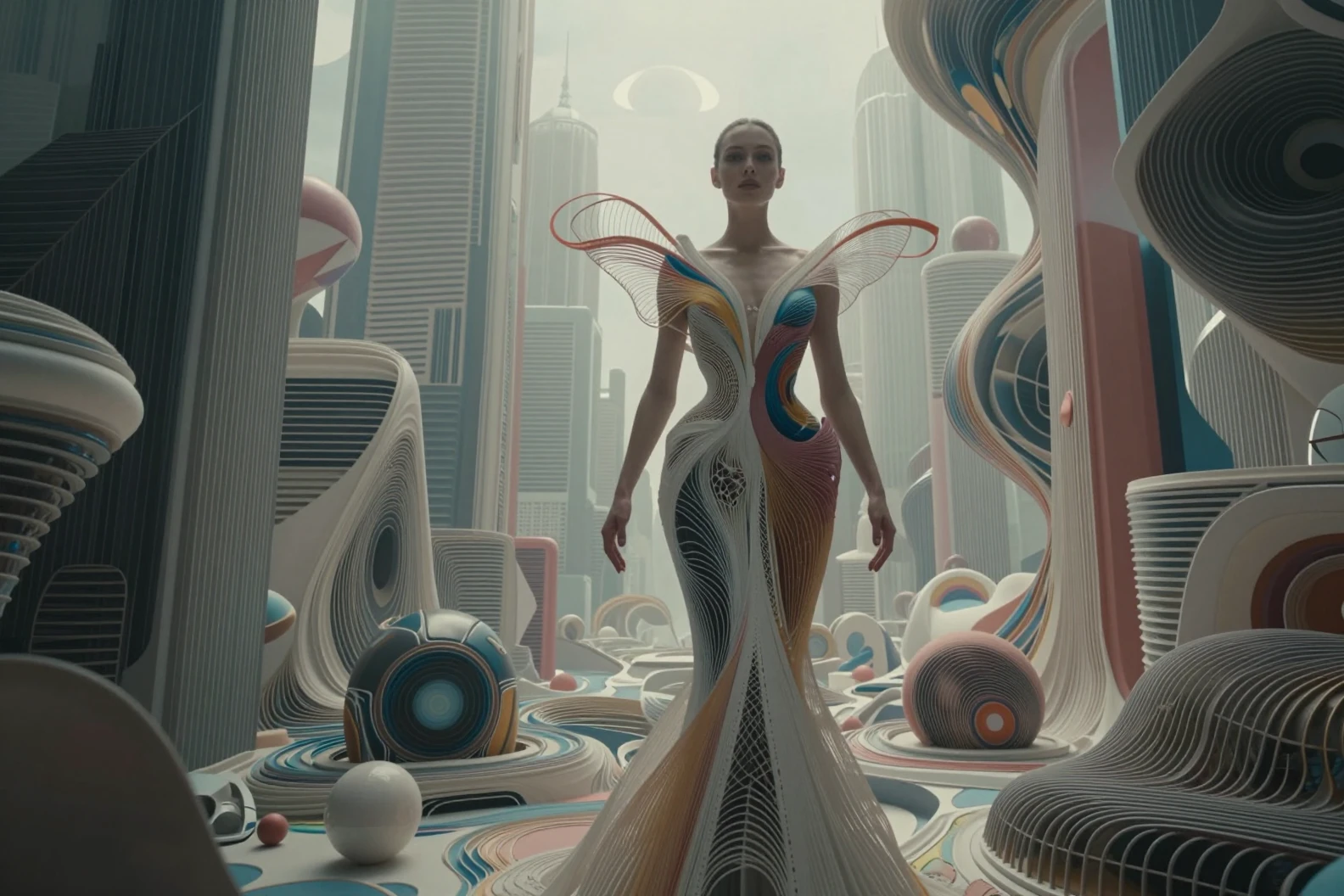 Donna surreale fusa con una fluida couture di paesaggio urbano futuristico