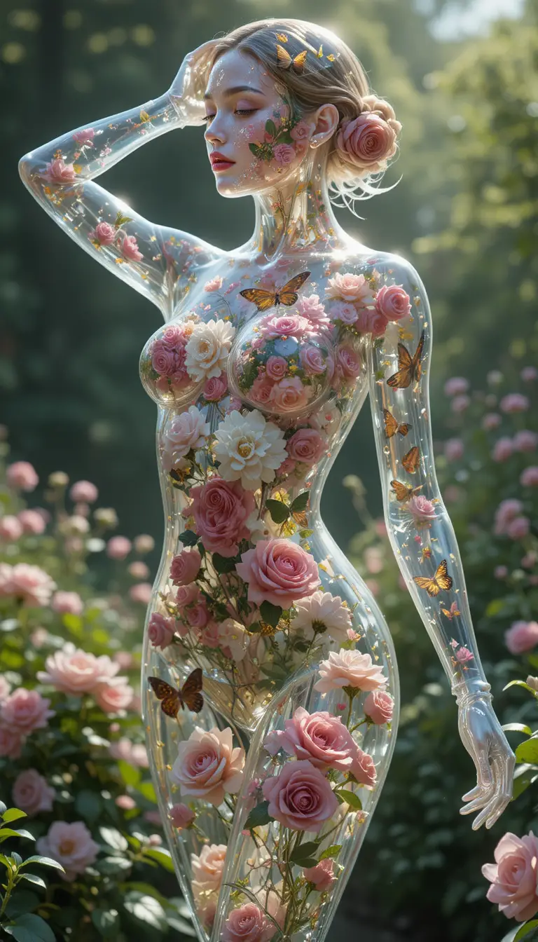 Transparente Glasfrau, gefüllt mit Rosen im Garten