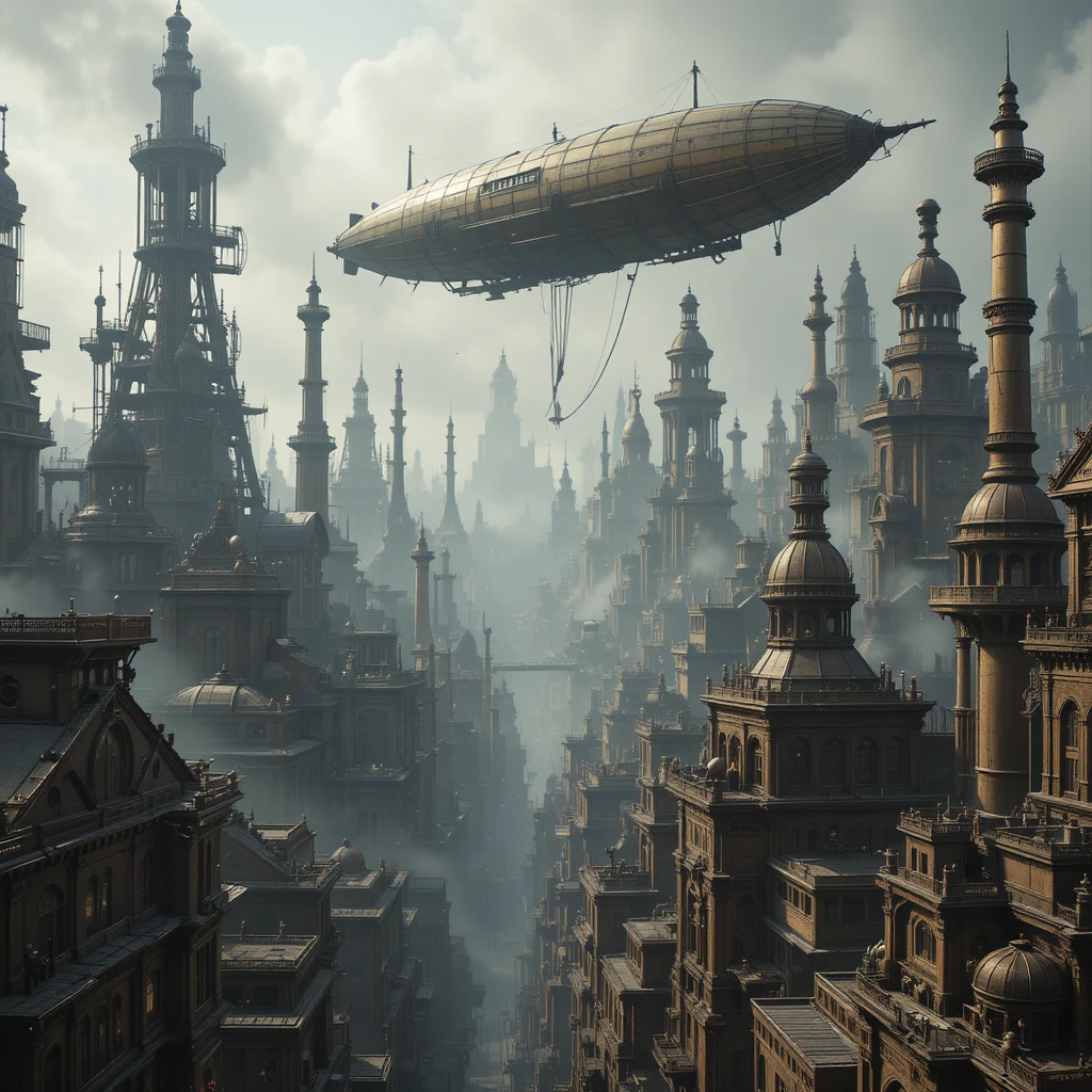 Victorian steampunk metropolis with towering machinery and airships