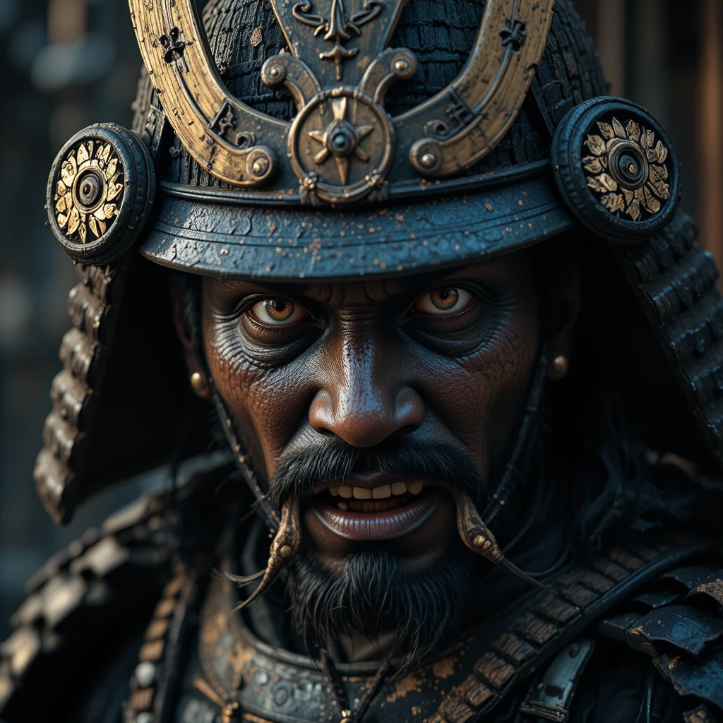 Portrait en gros plan d’un ancien samouraï avec masque de démon