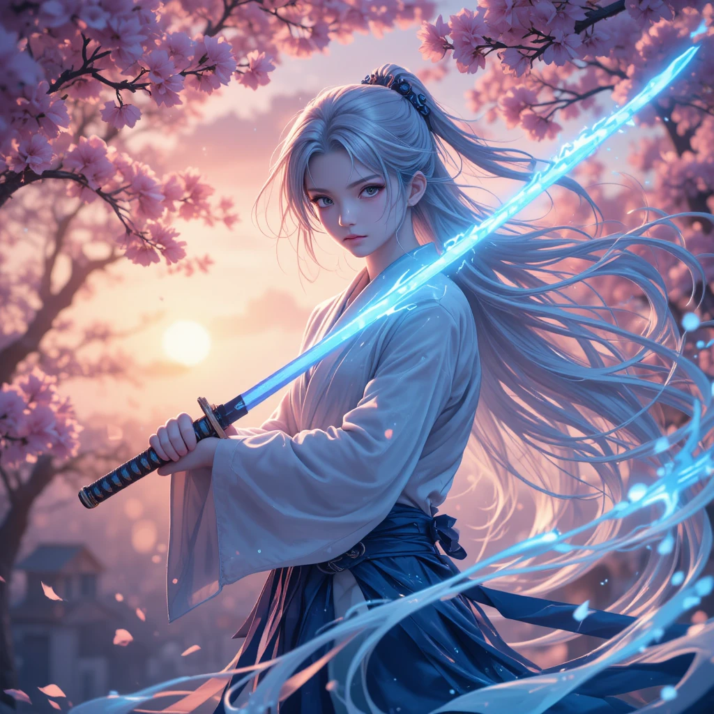 Spadaccino anime sotto i ciliegi in fiore al tramonto luminoso
