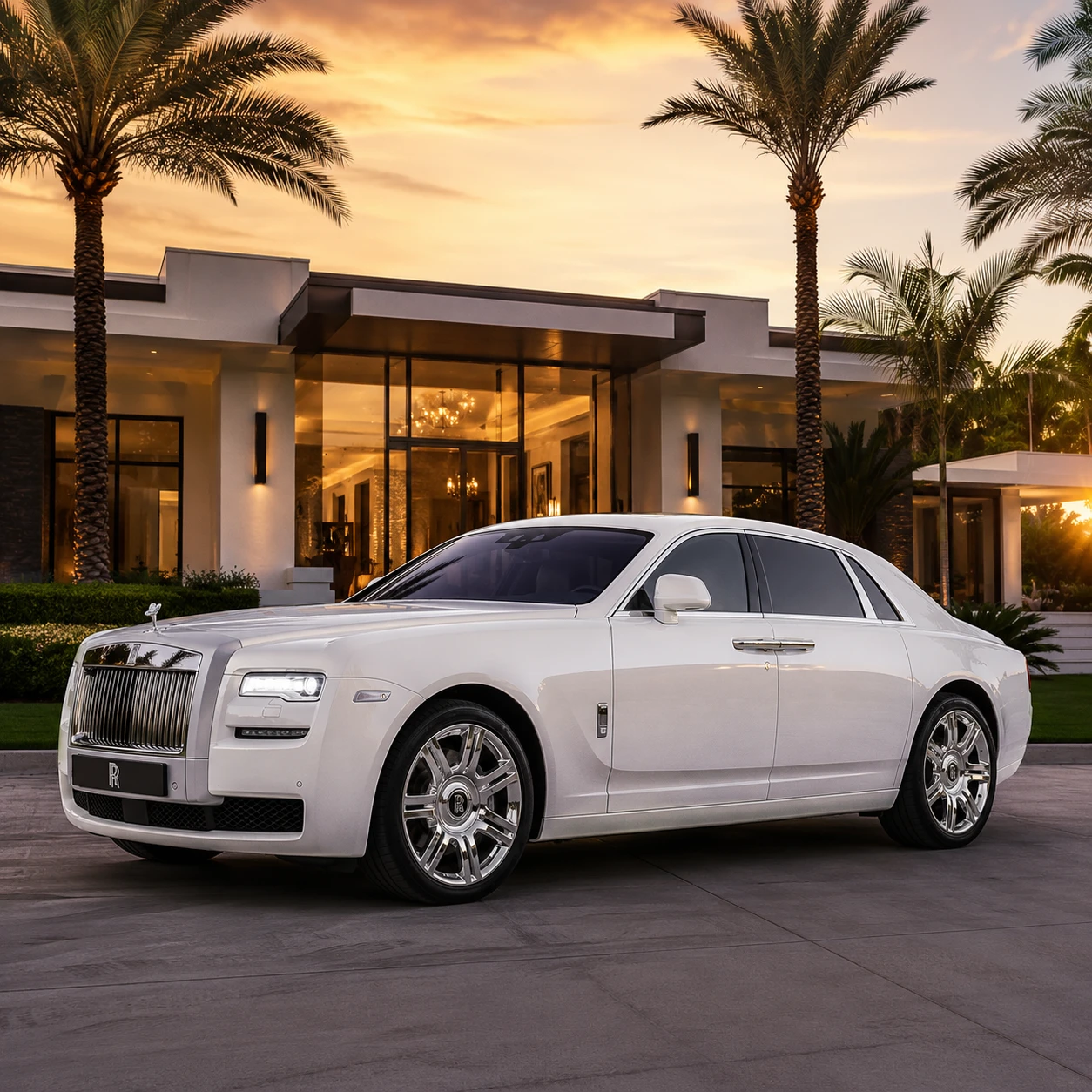 Luxury white sedan outside a modern mansion at sunset
