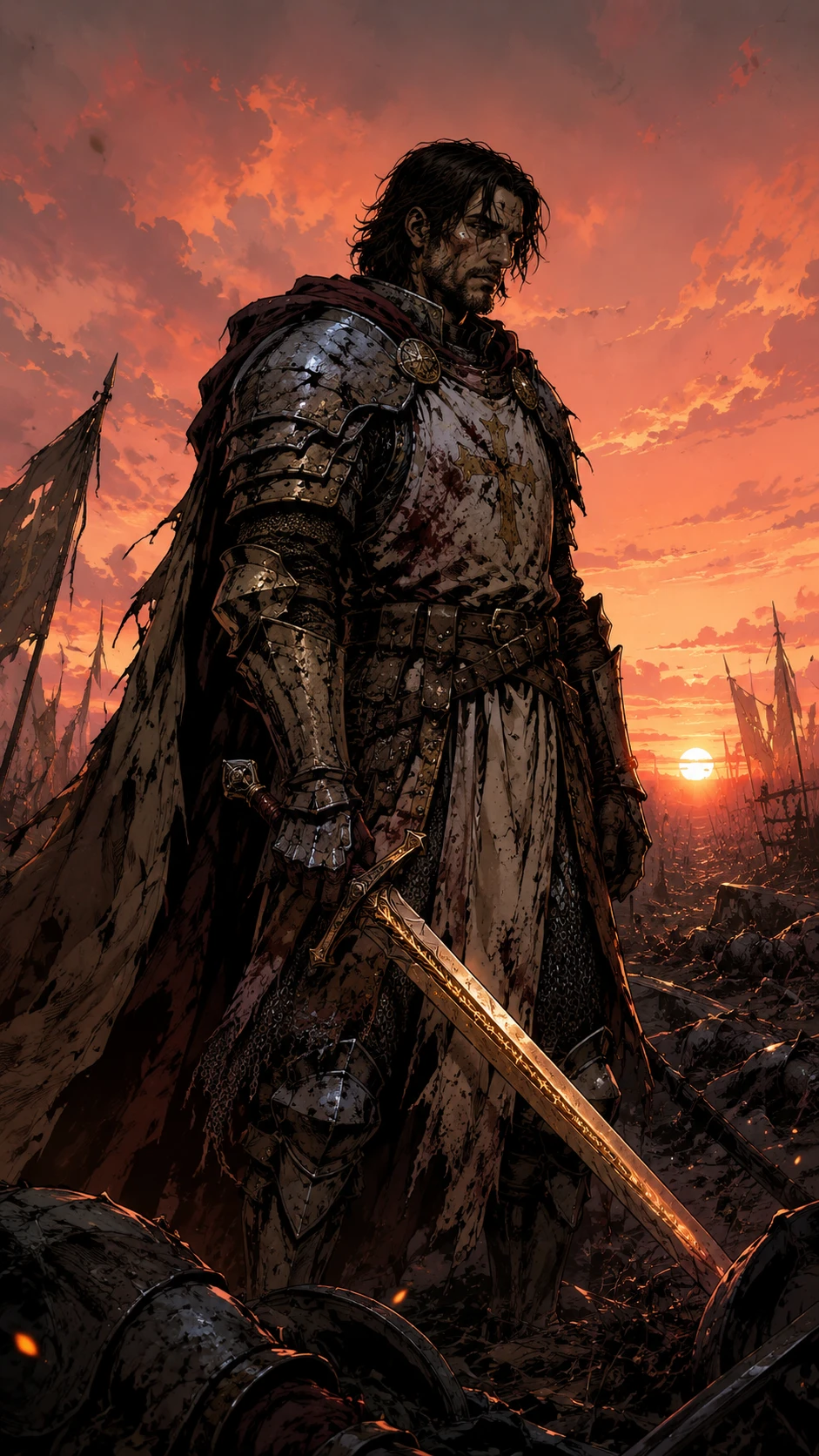 Paladin endurci par la bataille, debout et triomphant sur le champ de bataille au coucher du soleil