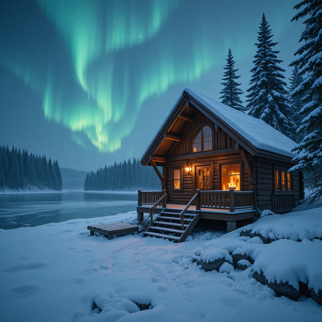 Cozy Wooden Cabin By Frozen Lake Under Northern Lights