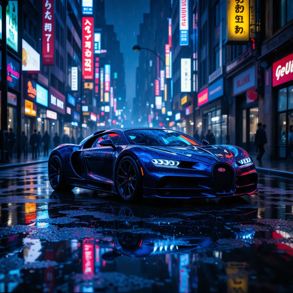 Futuristischer blauer Hypercar auf neonbeleuchteter nasser Stadtstraße