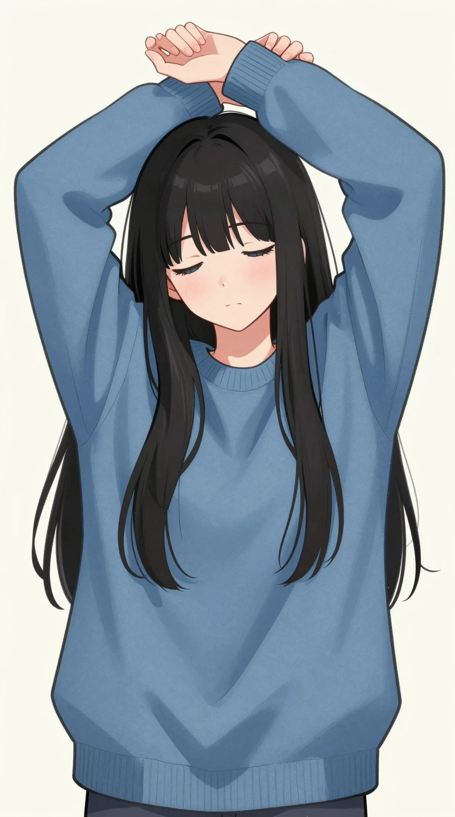 Ragazza anime assonnata che si stira con un maglione blu oversize