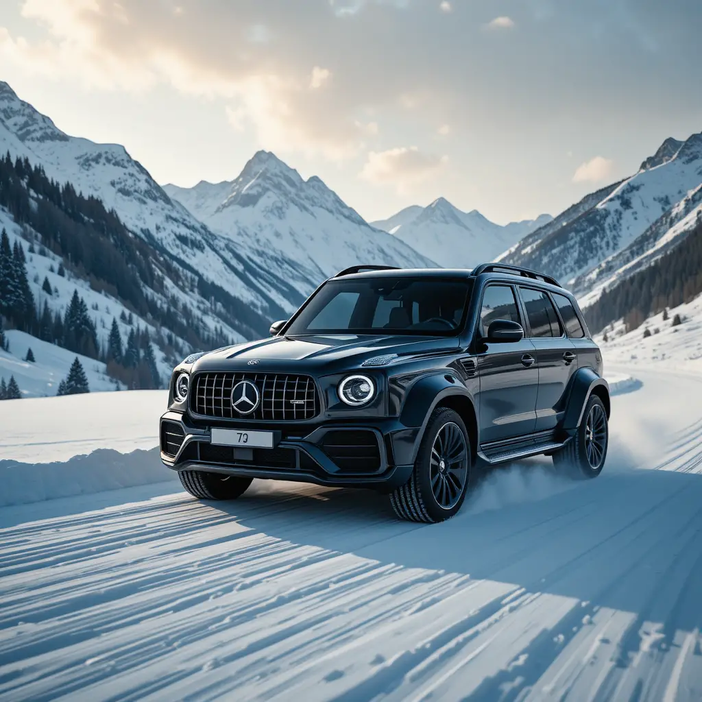 Black luxury SUV driving through snowy mountain road