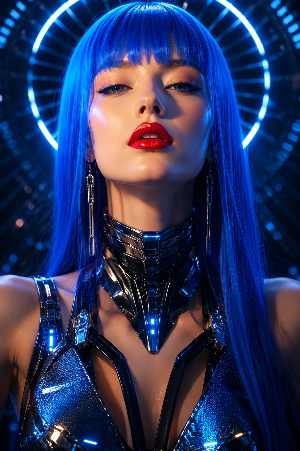 Retrato de moda futurista de uma mulher com batom vermelho