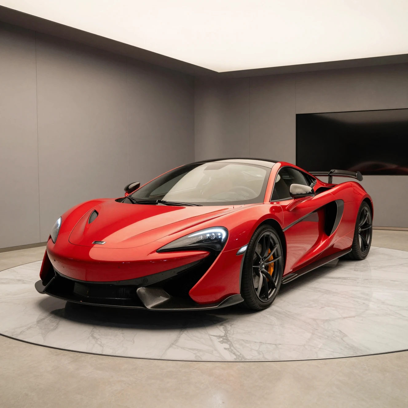 Roter Supersportwagen in modernem Luxus-Showroom auf Marmorboden