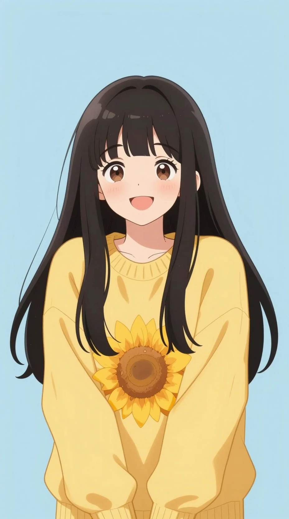 Fröhliches Anime-Mädchen im gelben Pullover vor sanft blauem Hintergrund