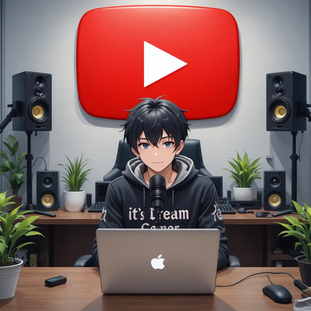 Anime-Junge als Streamer am Computertisch mit Mikrofon