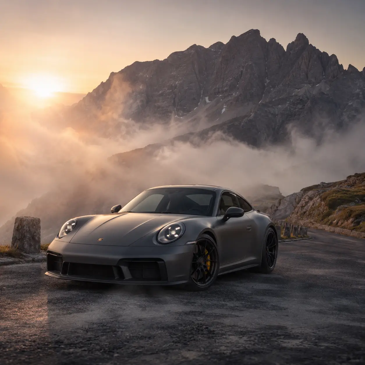 Sports coupe on misty alpine road at sunrise