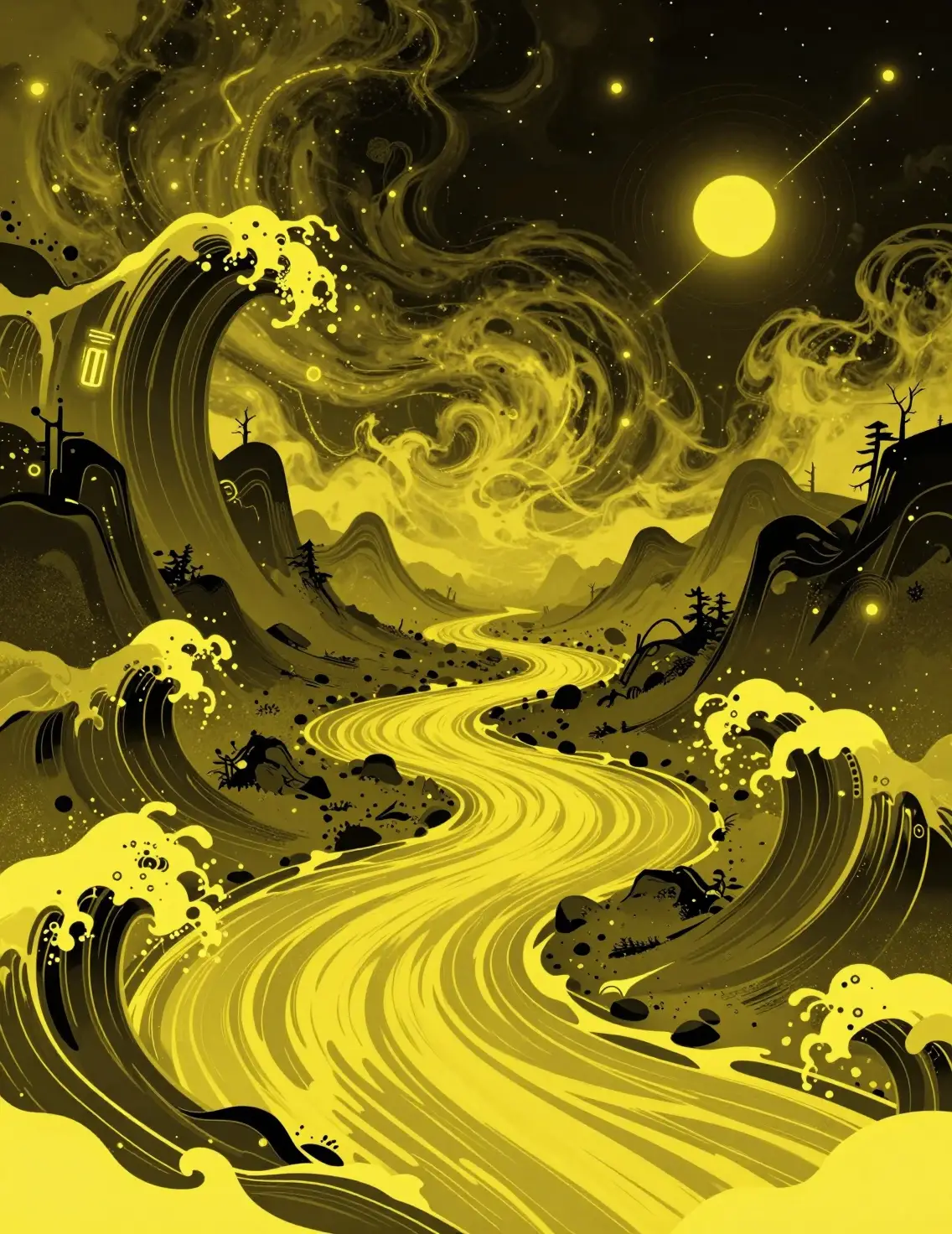 Nature sauvage futuriste de science‑fiction avec tempêtes cosmiques jaunes